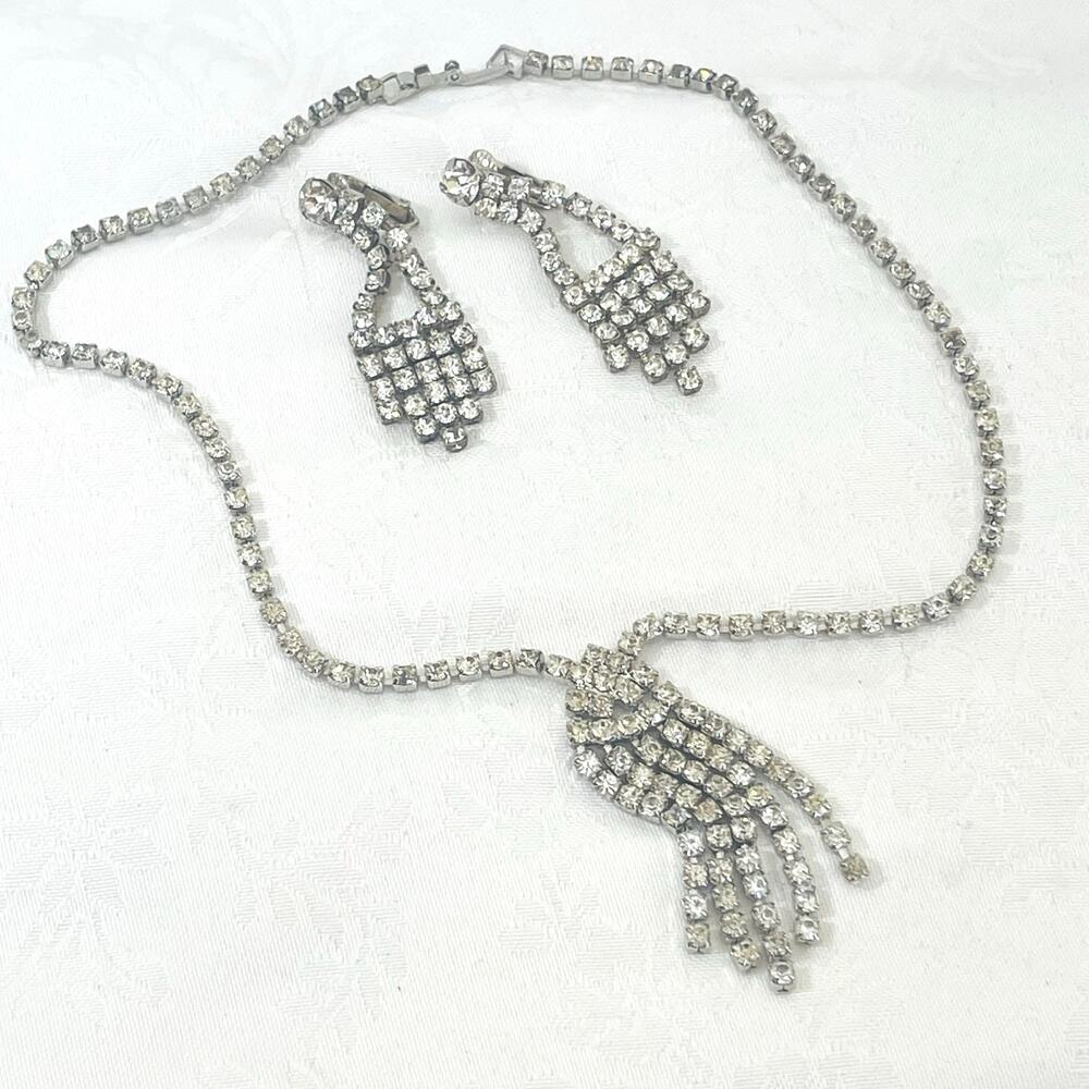 Vtg Mid-Century Rhinestone NECKLACE Clip EARRINGS Set Fringe Waterfall Cascading
